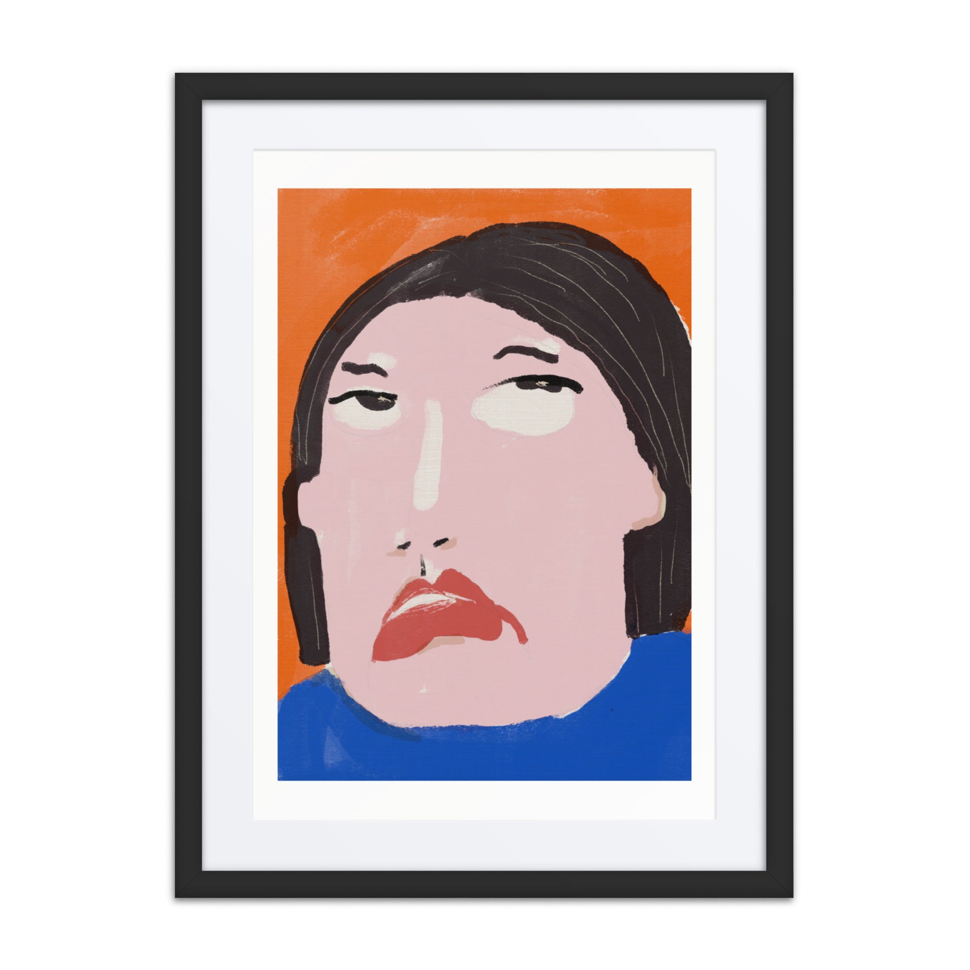 Matte framed artwork featuring expressive, frustrated face illustration