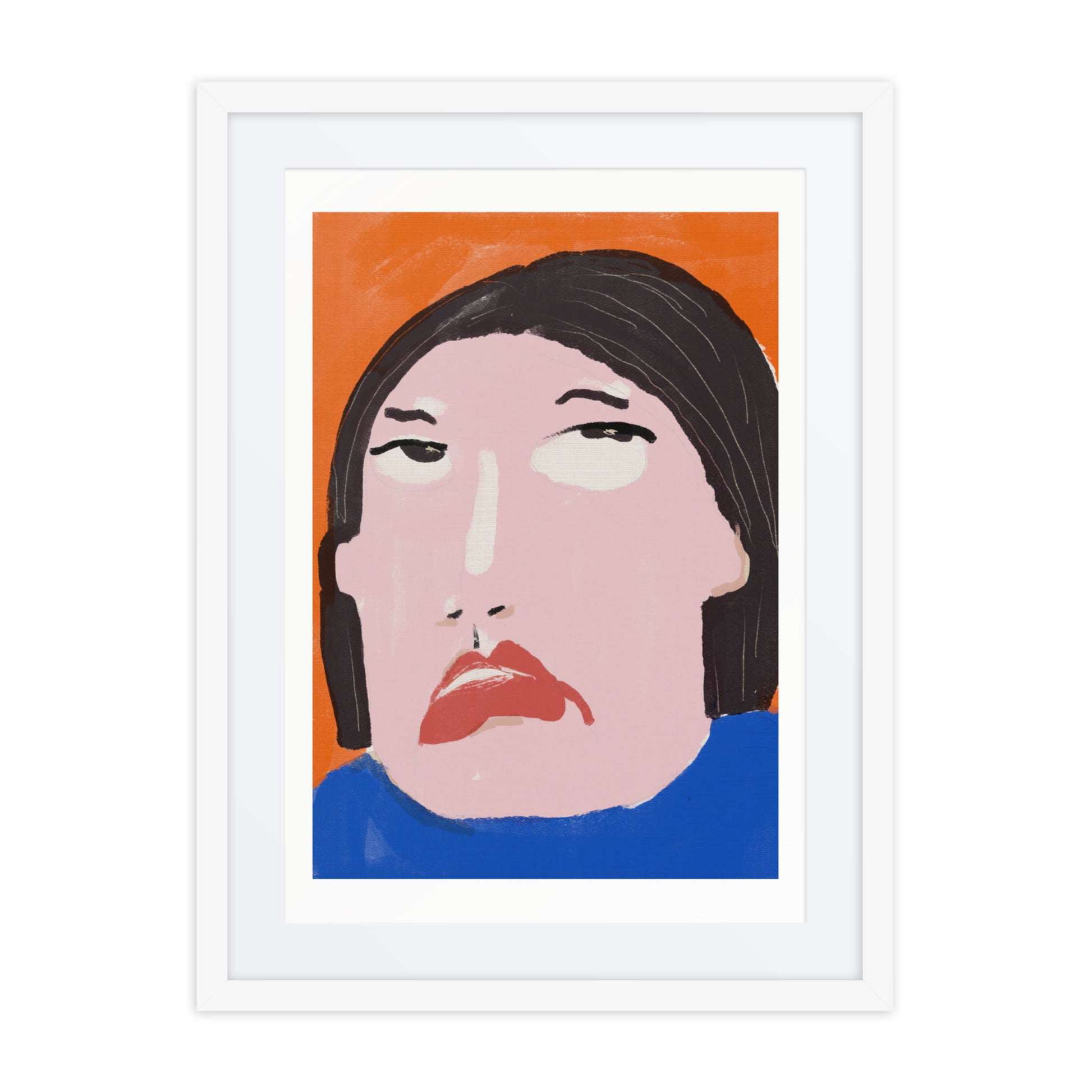 Matte framed artwork featuring expressive, frustrated face illustration