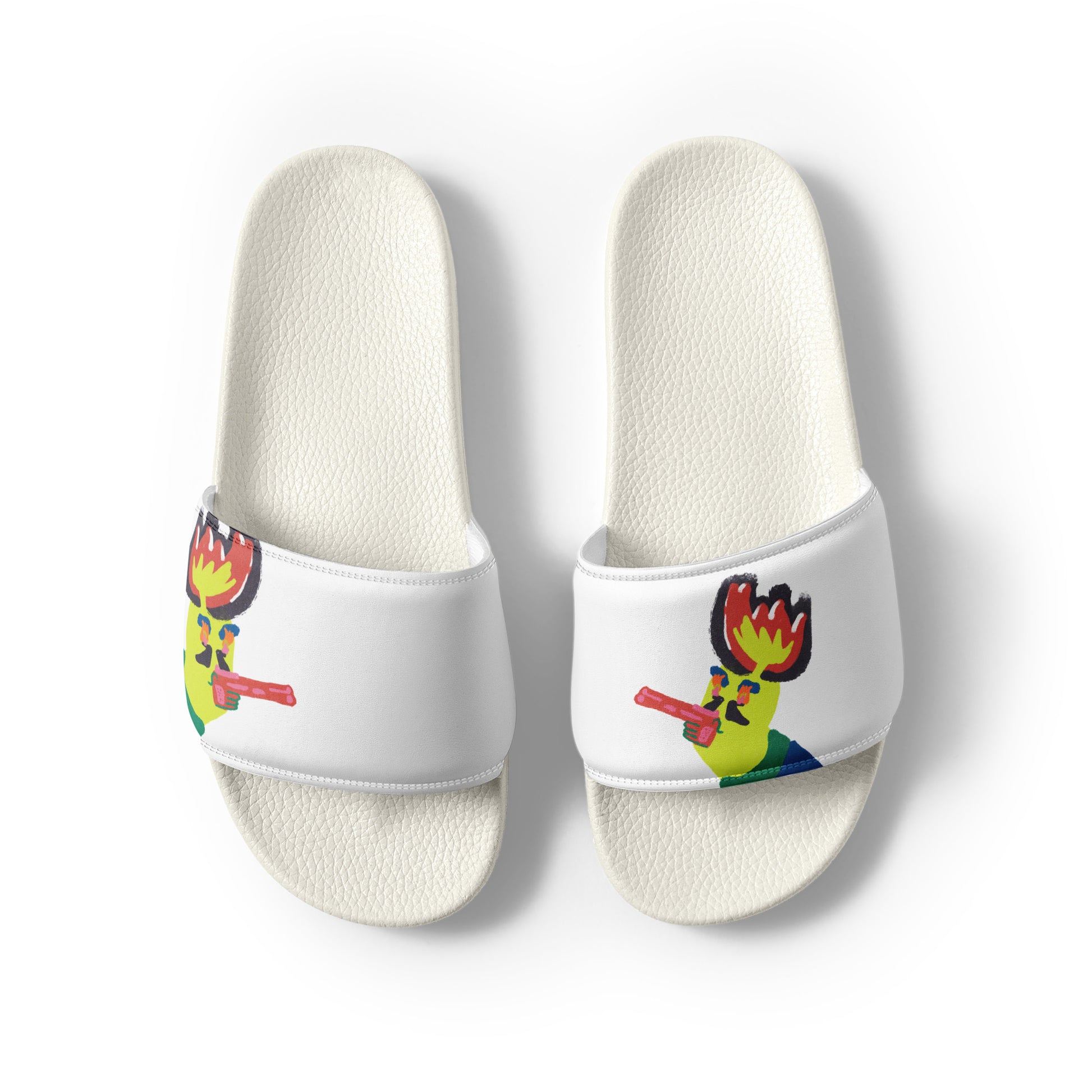 Men’s summer slides with a quirky face artwork on the strap, featuring a cushioned upper and textured footbed for comfort.
