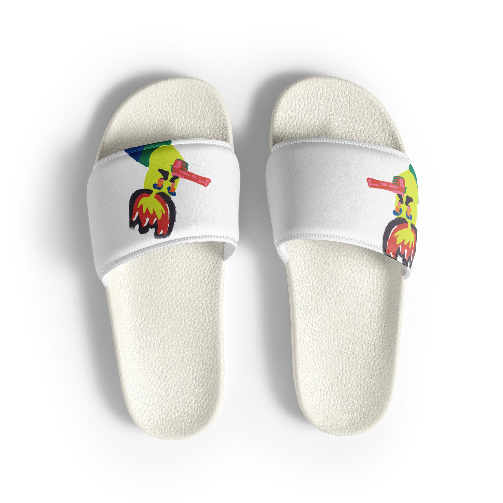 Men’s summer slides with a quirky face artwork on the strap, featuring a cushioned upper and textured footbed for comfort.