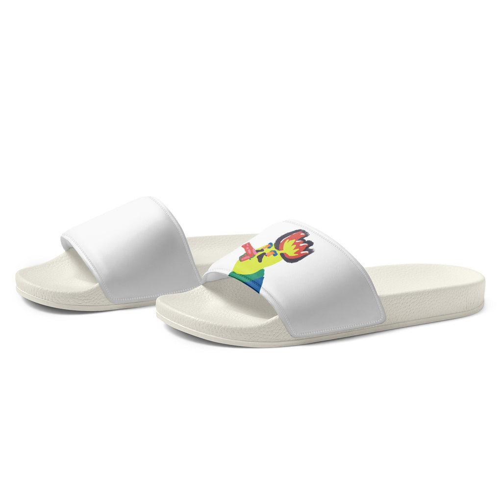 Men’s summer slides with a quirky face artwork on the strap, featuring a cushioned upper and textured footbed for comfort.