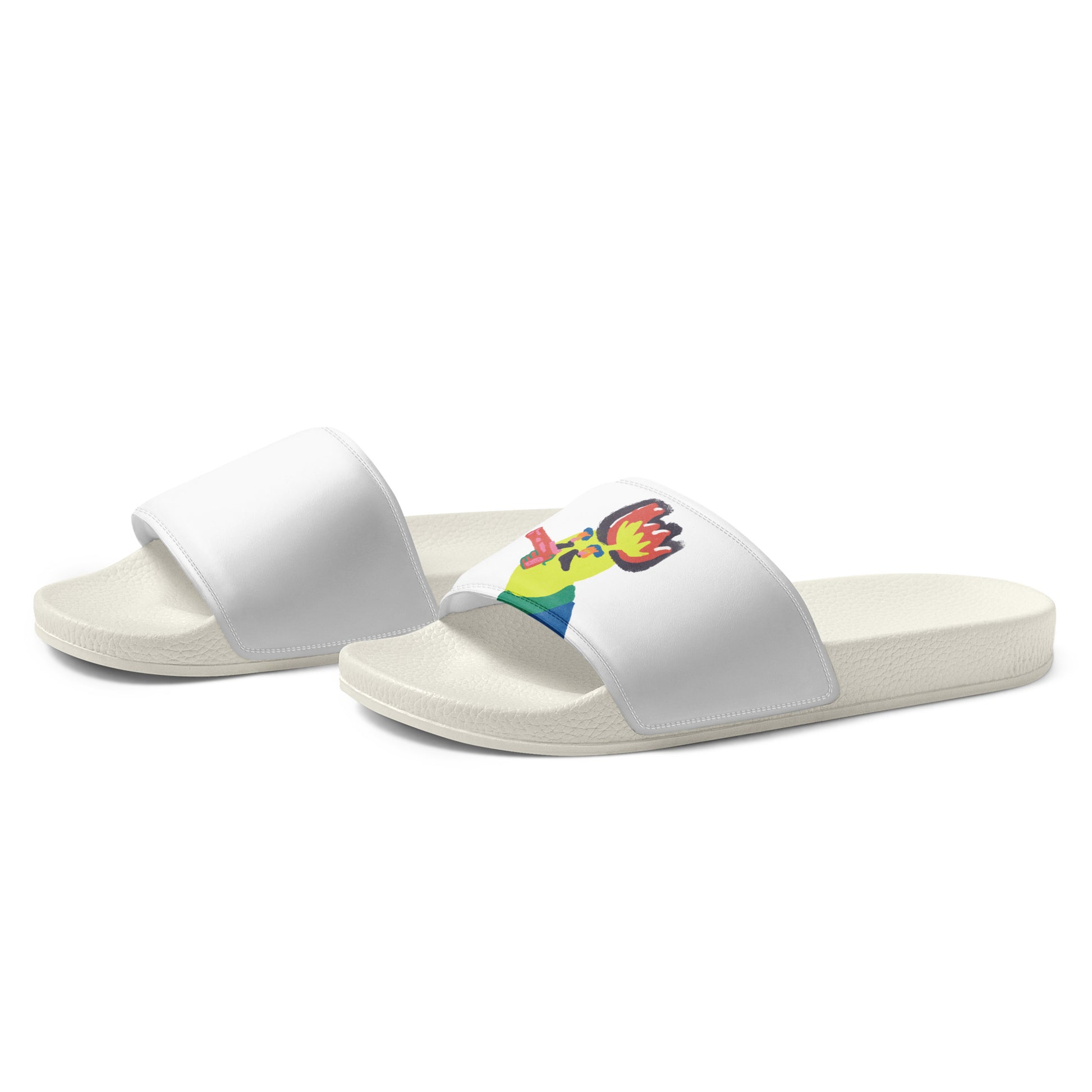 Men’s summer slides with a quirky face artwork on the strap, featuring a cushioned upper and textured footbed for comfort.