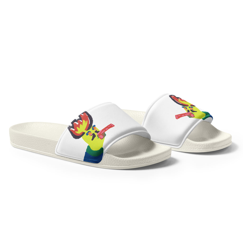 Men’s summer slides with a quirky face artwork on the strap, featuring a cushioned upper and textured footbed for comfort.