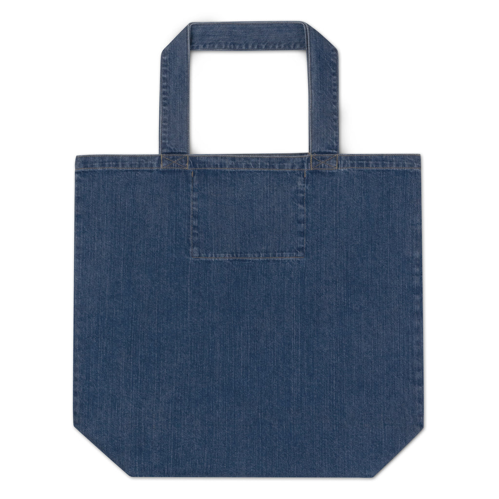 Organic denim tote bag featuring "Women United" artwork, durable and strong for carrying up to 30 lbs.