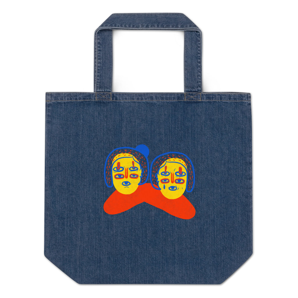 Organic denim tote bag featuring "Women United" artwork, durable and strong for carrying up to 30 lbs.