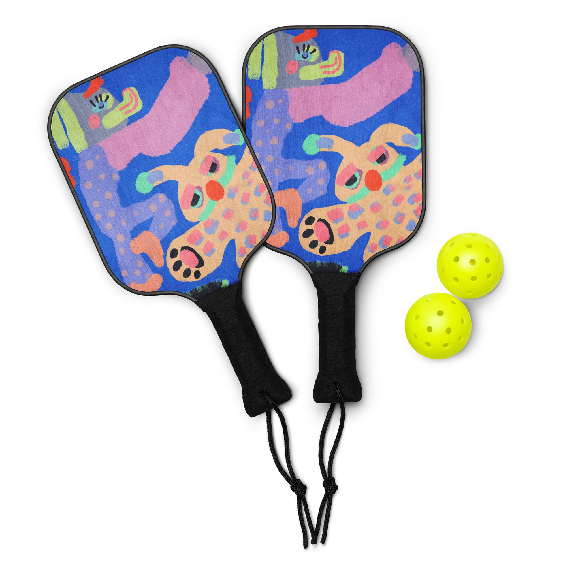 Artistic paddleball set with "chaotic-cute animal" print on wooden paddles, perfect for beach or park games, comes with neon balls and a clear carry bag.