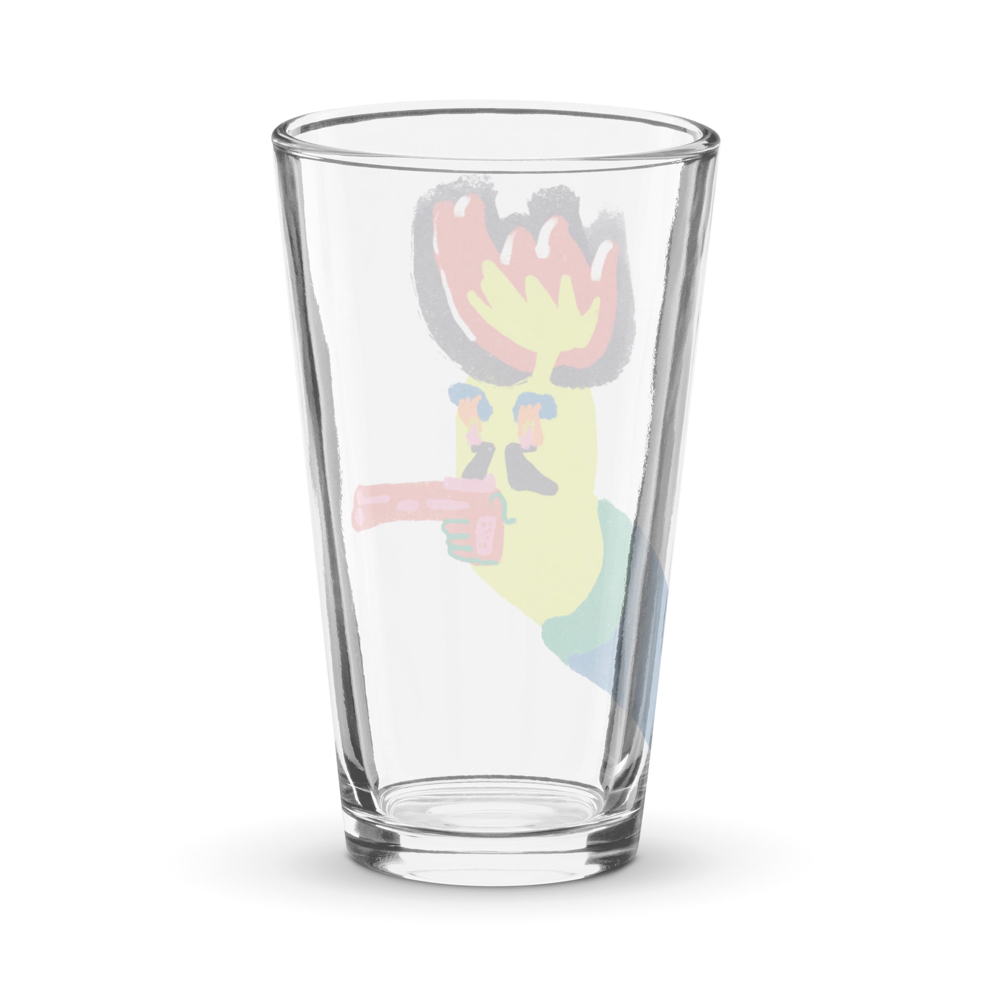 16 oz glass cup with playful Over Explained artwork