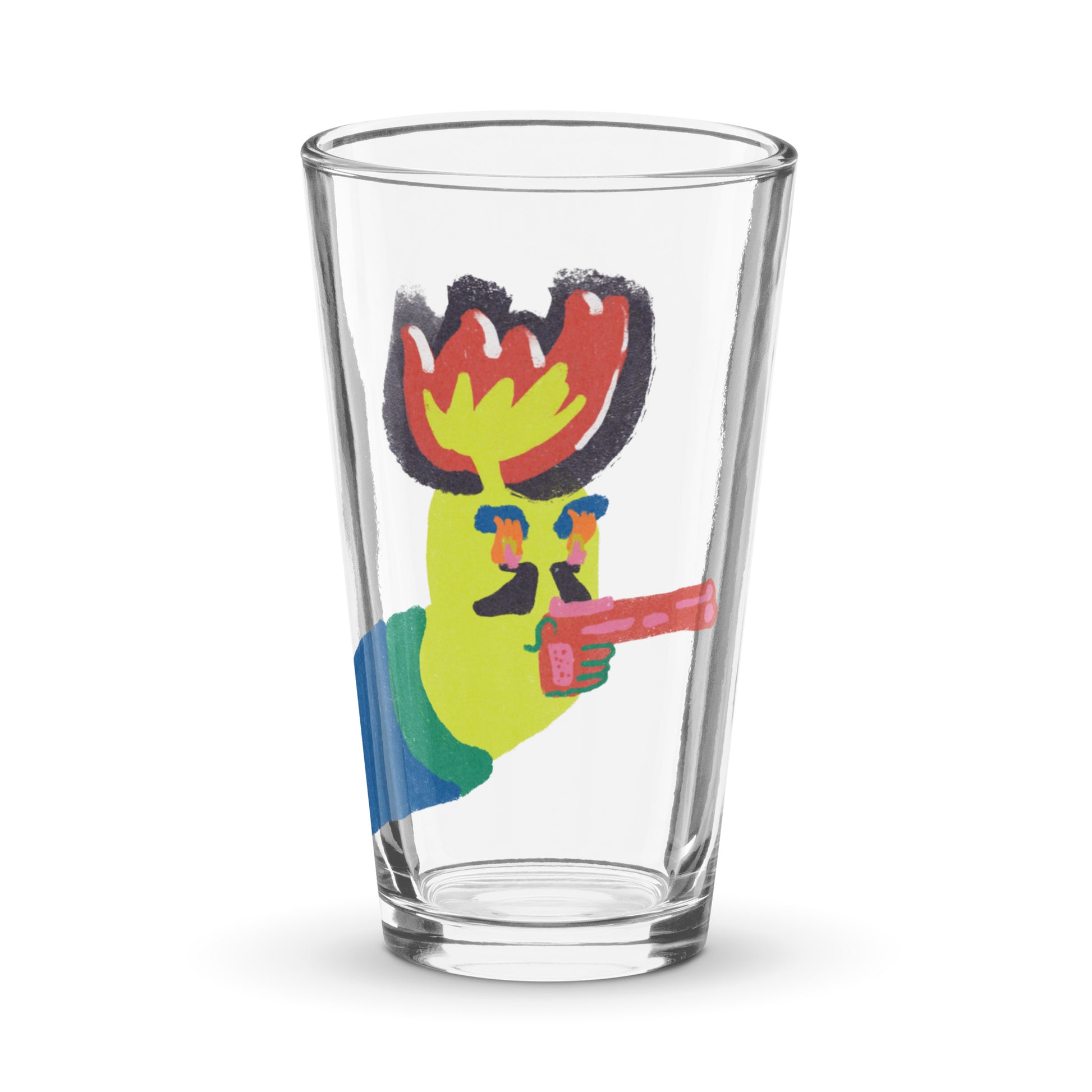 16 oz glass cup with playful Over Explained artwork