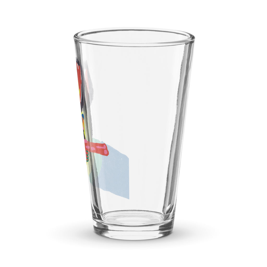 16 oz glass cup with playful Over Explained artwork