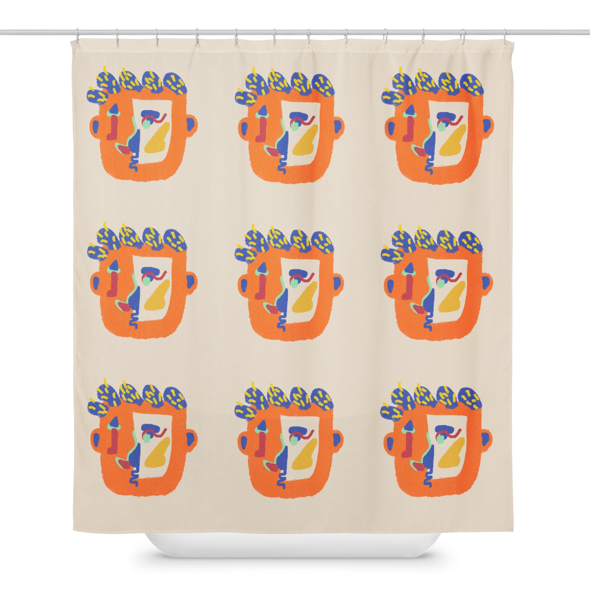 Artistic, waterproof fabric shower curtain with quirky abstract faces