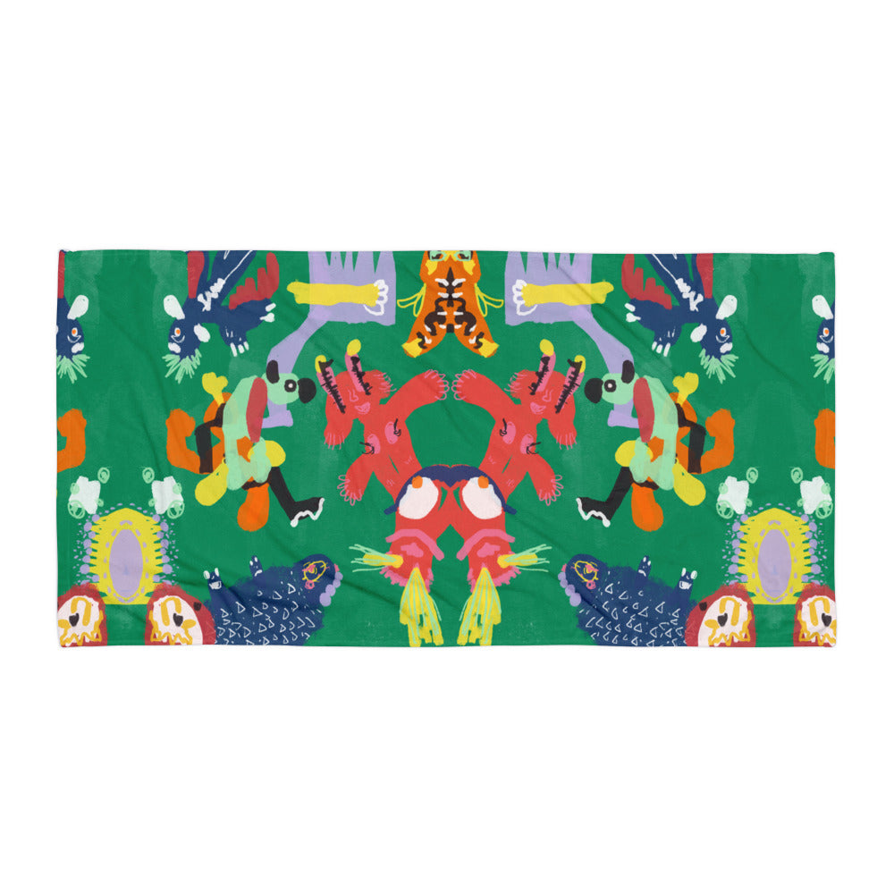 Soft and cozy "Jungle Party" towel with playful animal artwork and vibrant colors, perfect for bringing a wild statement to your bathroom.