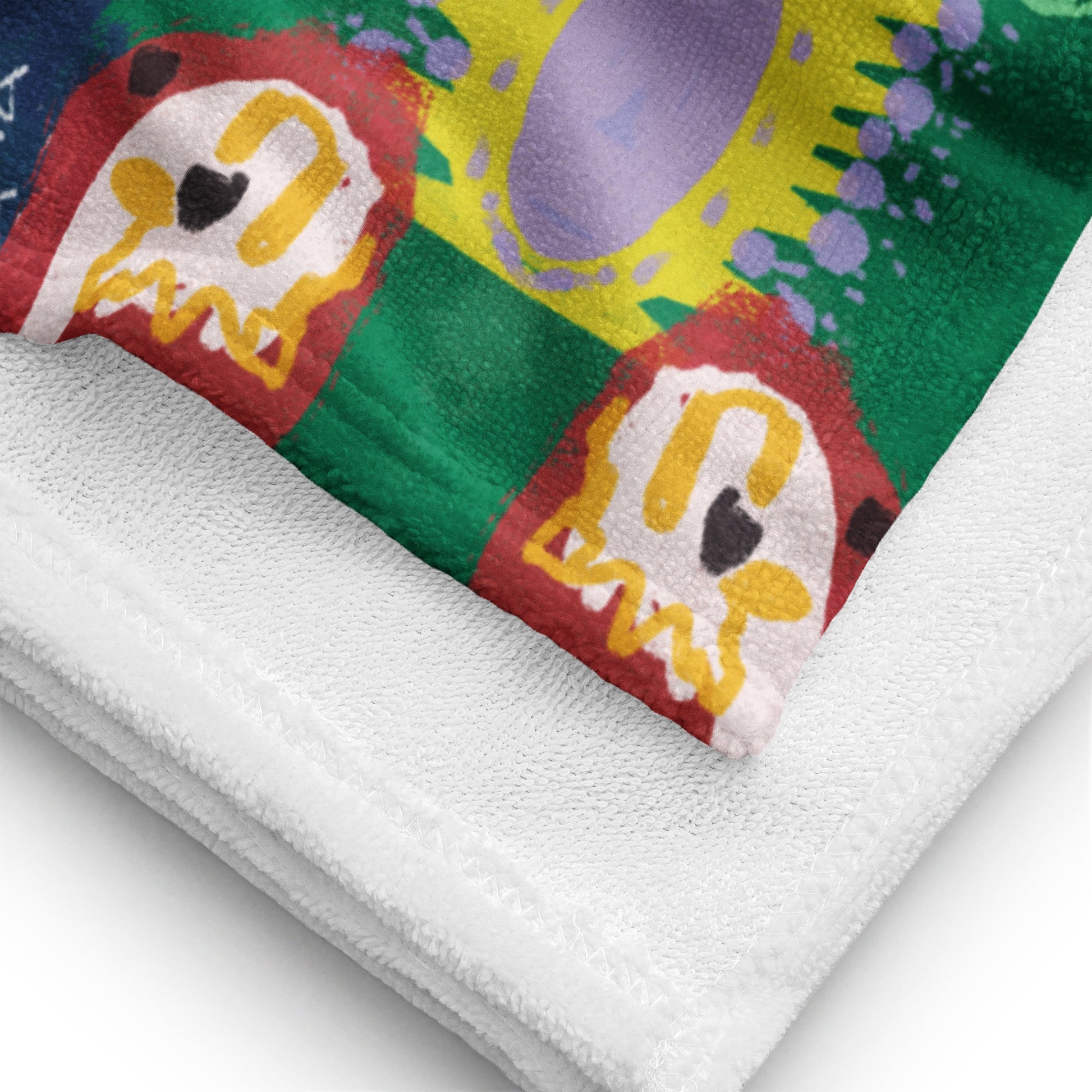 Soft and cozy "Jungle Party" towel with playful animal artwork and vibrant colors, perfect for bringing a wild statement to your bathroom.