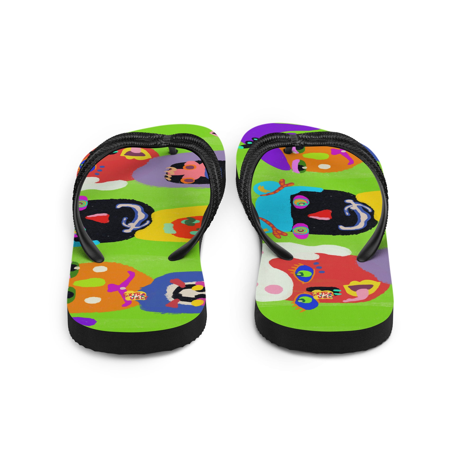 Colorful flip-flops with three quirky characters and vibrant abstract design