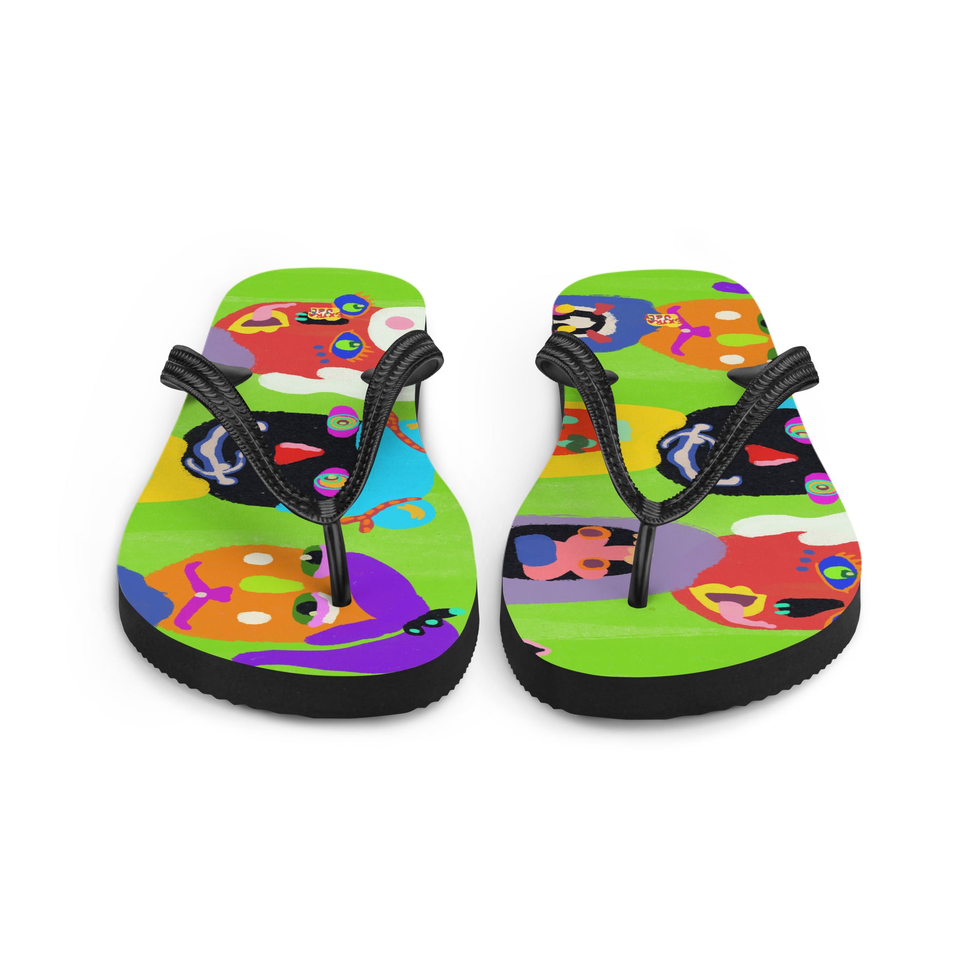 Colorful flip-flops with three quirky characters and vibrant abstract design