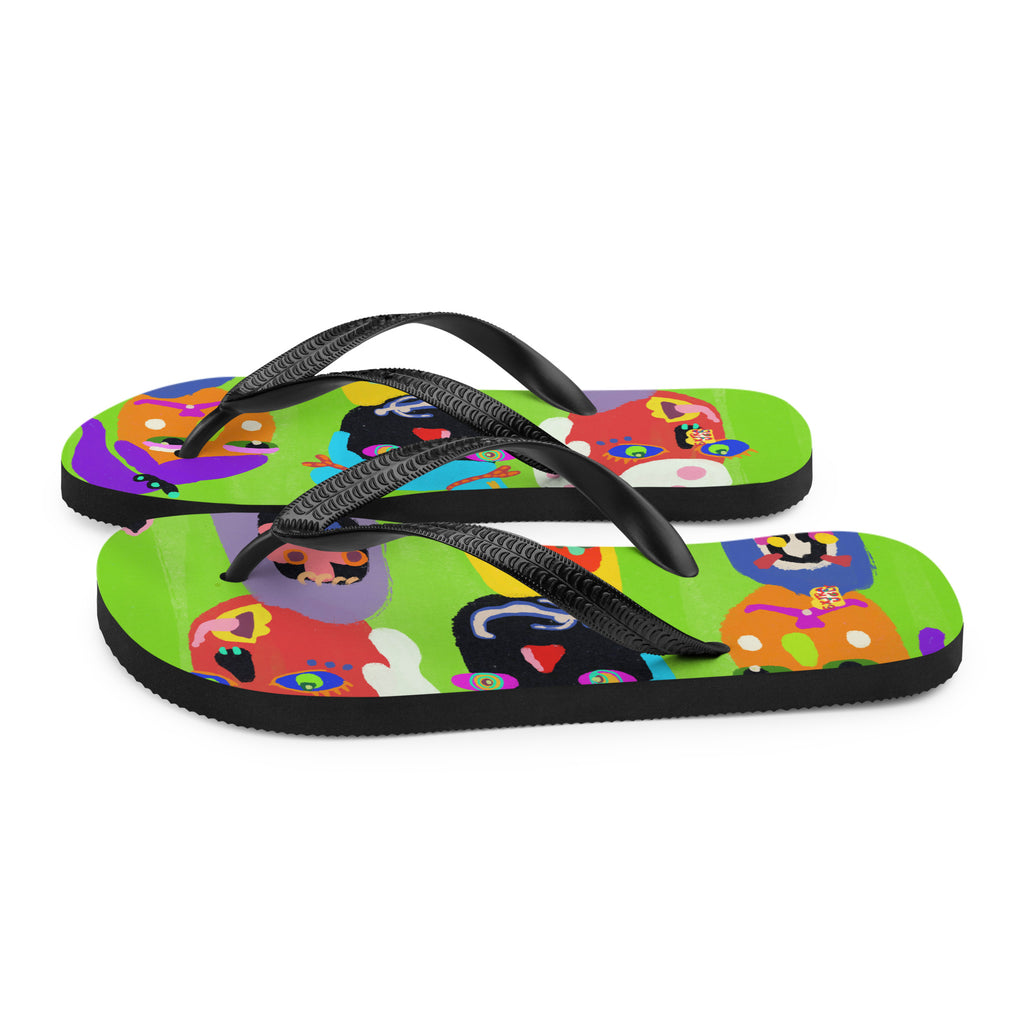 Colorful flip-flops with three quirky characters and vibrant abstract design