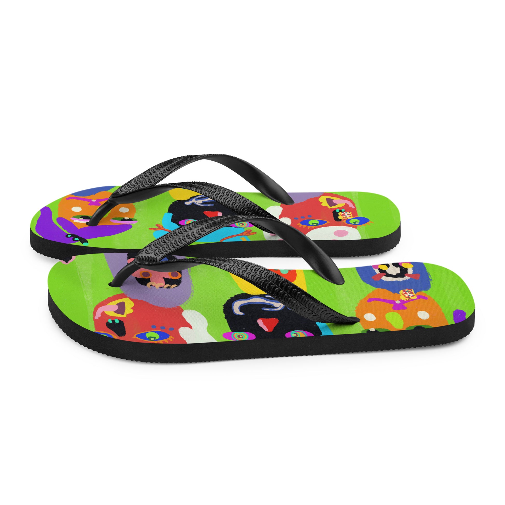 Colorful flip-flops with three quirky characters and vibrant abstract design