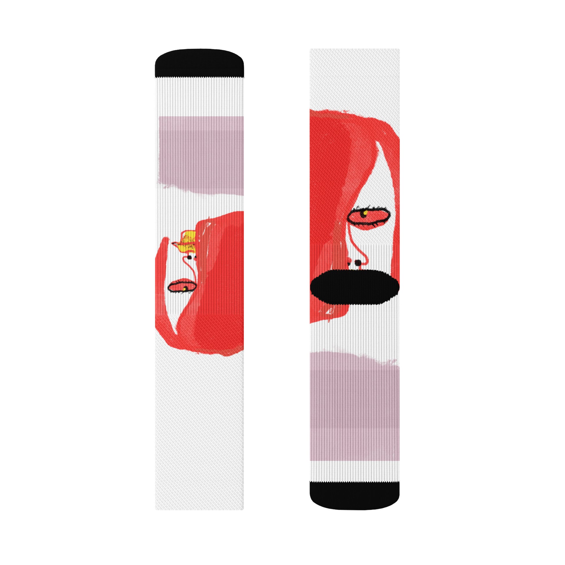 White crew socks with ribbed leg and cushioned bottom, featuring a sketchy illustration of a moody cartoon face peeking from the side