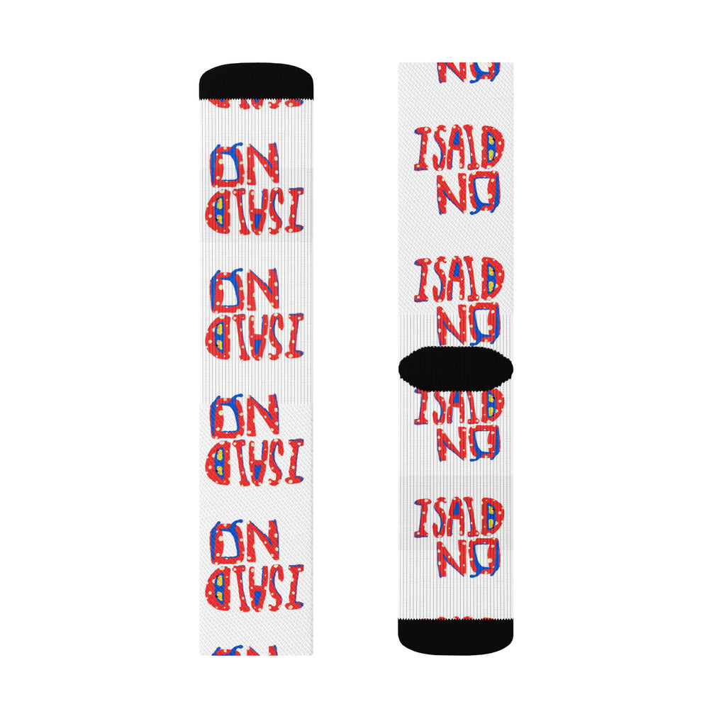 Close-up of statement socks featuring I Said No hand-drawn text