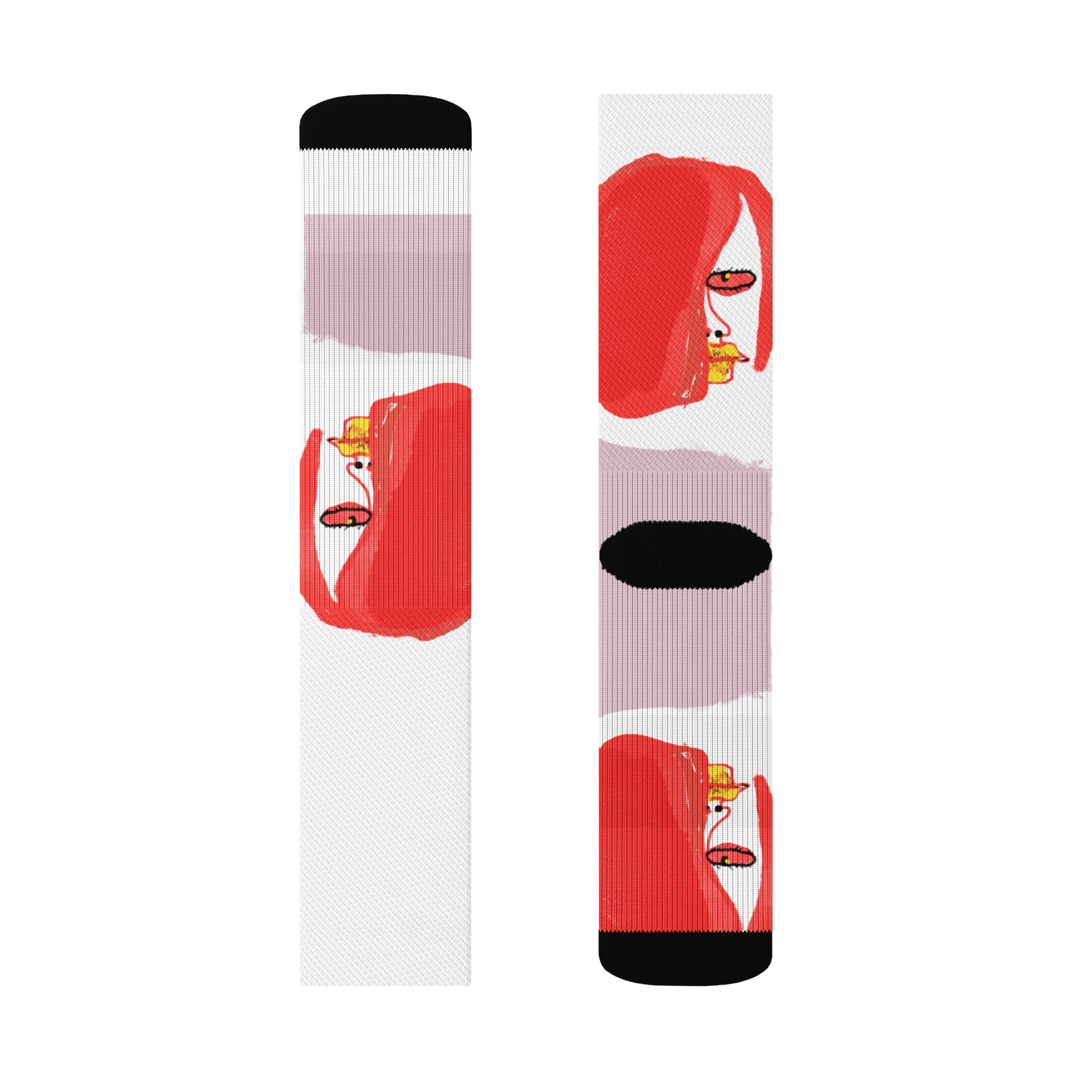 White crew socks with ribbed leg and cushioned bottom, featuring a sketchy illustration of a moody cartoon face peeking from the side