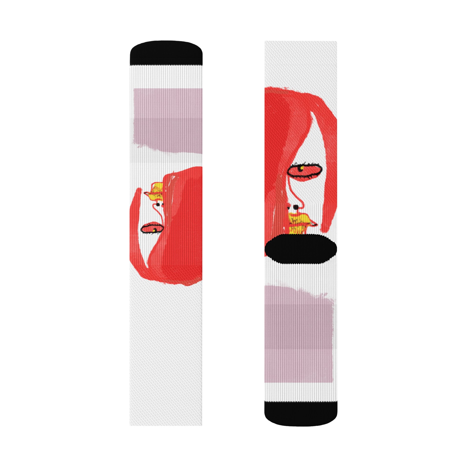 White crew socks with ribbed leg and cushioned bottom, featuring a sketchy illustration of a moody cartoon face peeking from the side