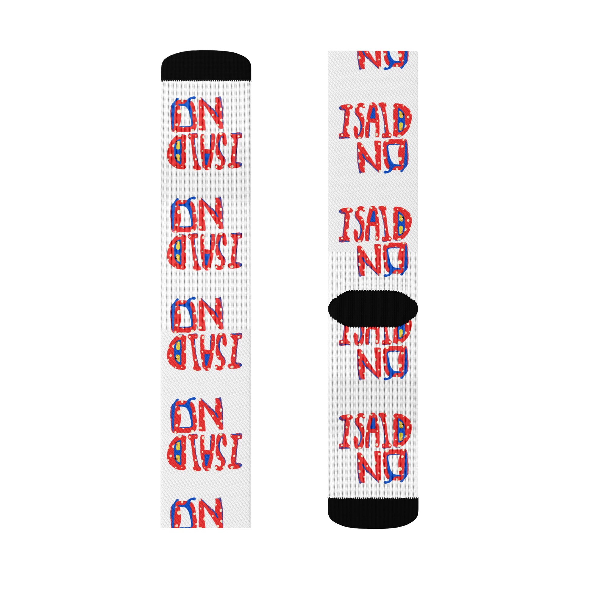 Flat lay of quirky graphic socks with bold I Said No design