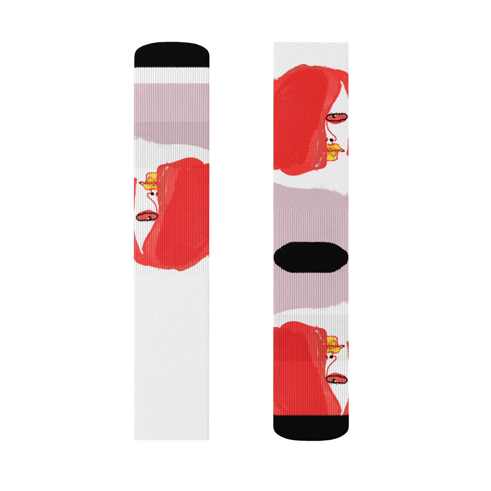 White crew socks with ribbed leg and cushioned bottom, featuring a sketchy illustration of a moody cartoon face peeking from the side