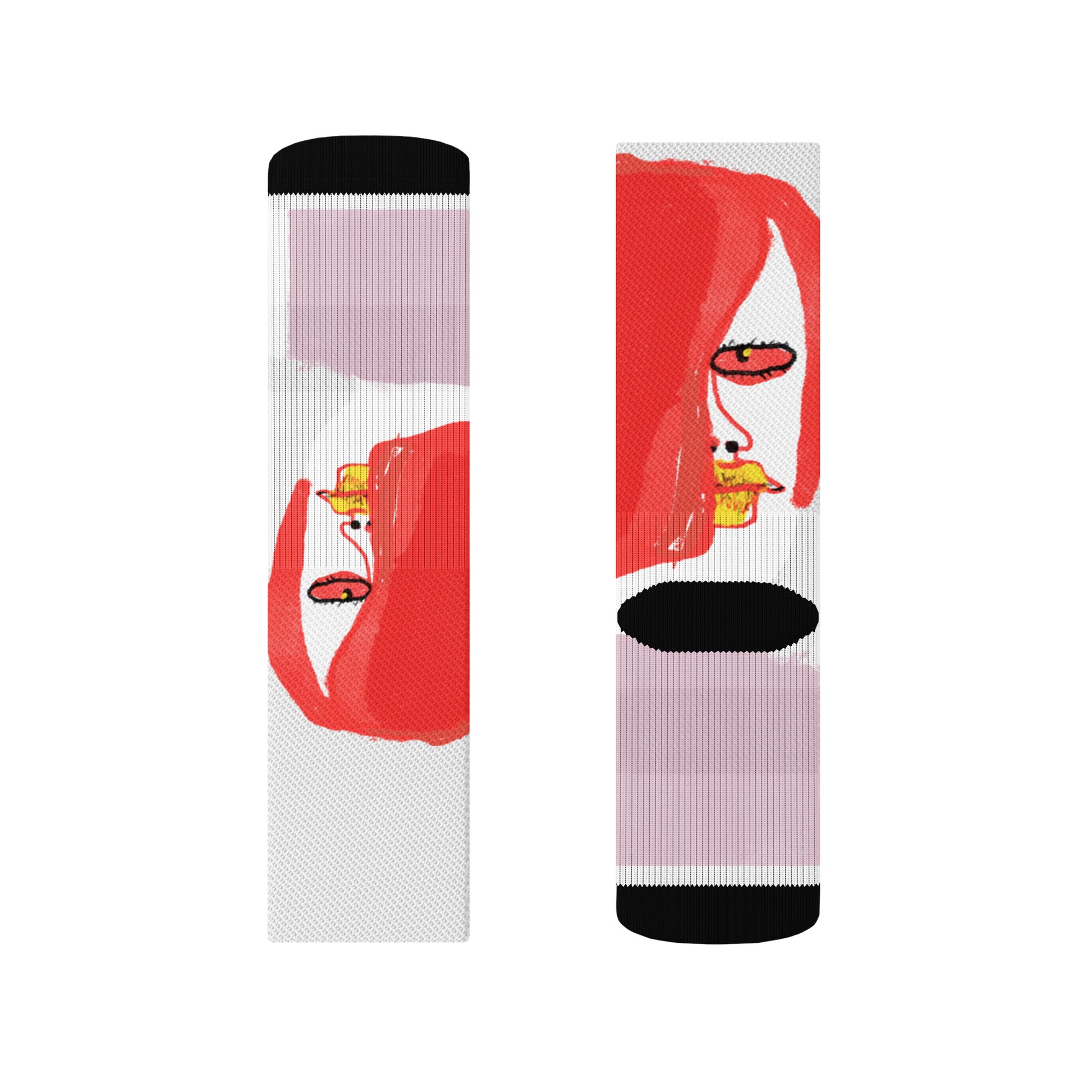 White crew socks with ribbed leg and cushioned bottom, featuring a sketchy illustration of a moody cartoon face peeking from the side