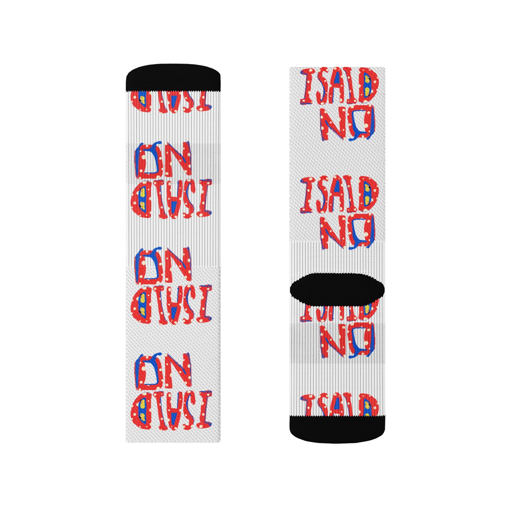 Flat lay of quirky graphic socks with bold I Said No design