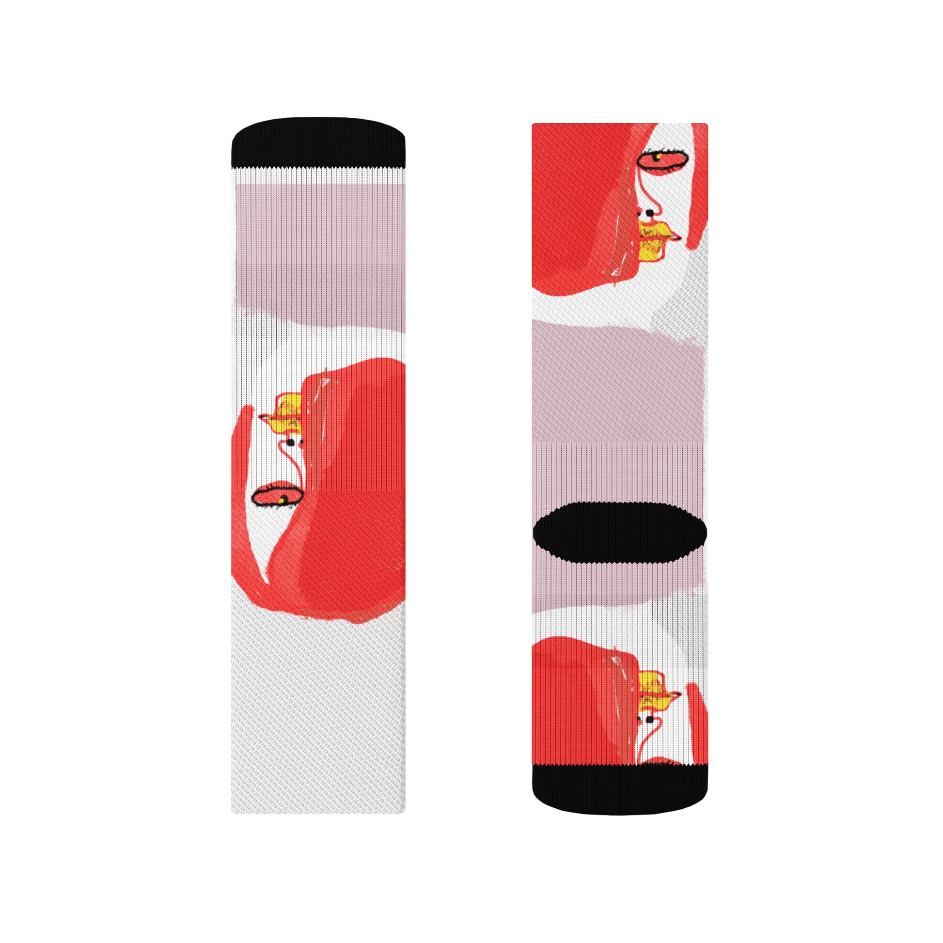White crew socks with ribbed leg and cushioned bottom, featuring a sketchy illustration of a moody cartoon face peeking from the side
