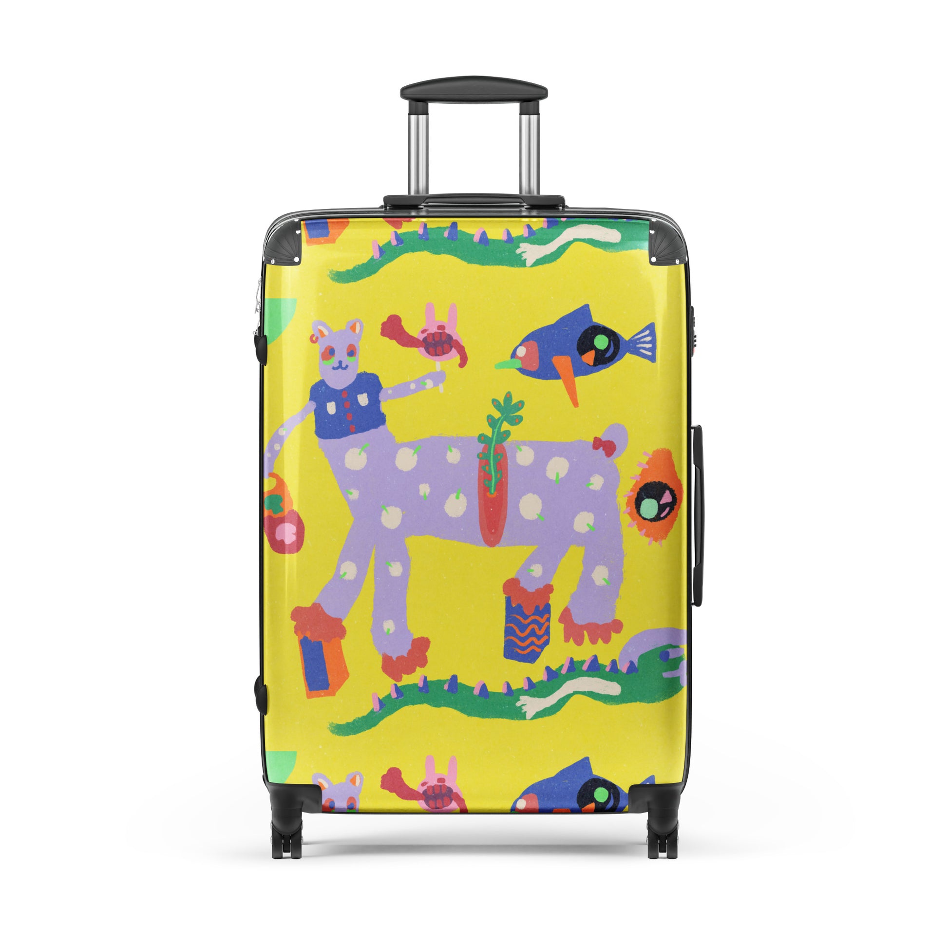 yellow burnout design suitcase with smooth wheels and internal compartments