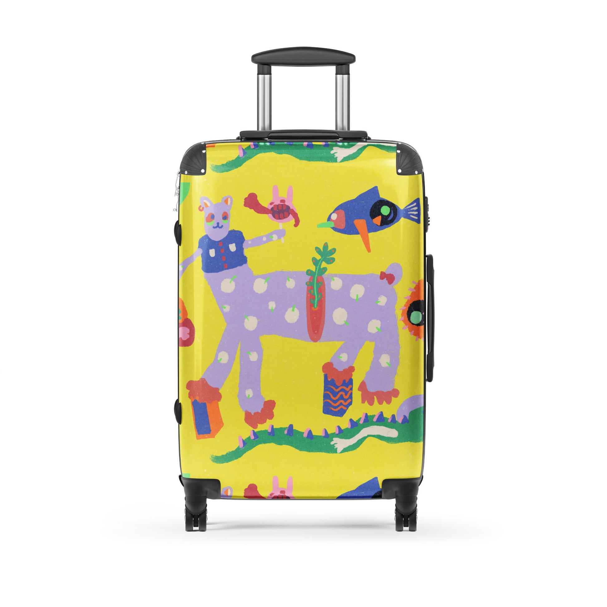 yellow burnout design suitcase with smooth wheels and internal compartments