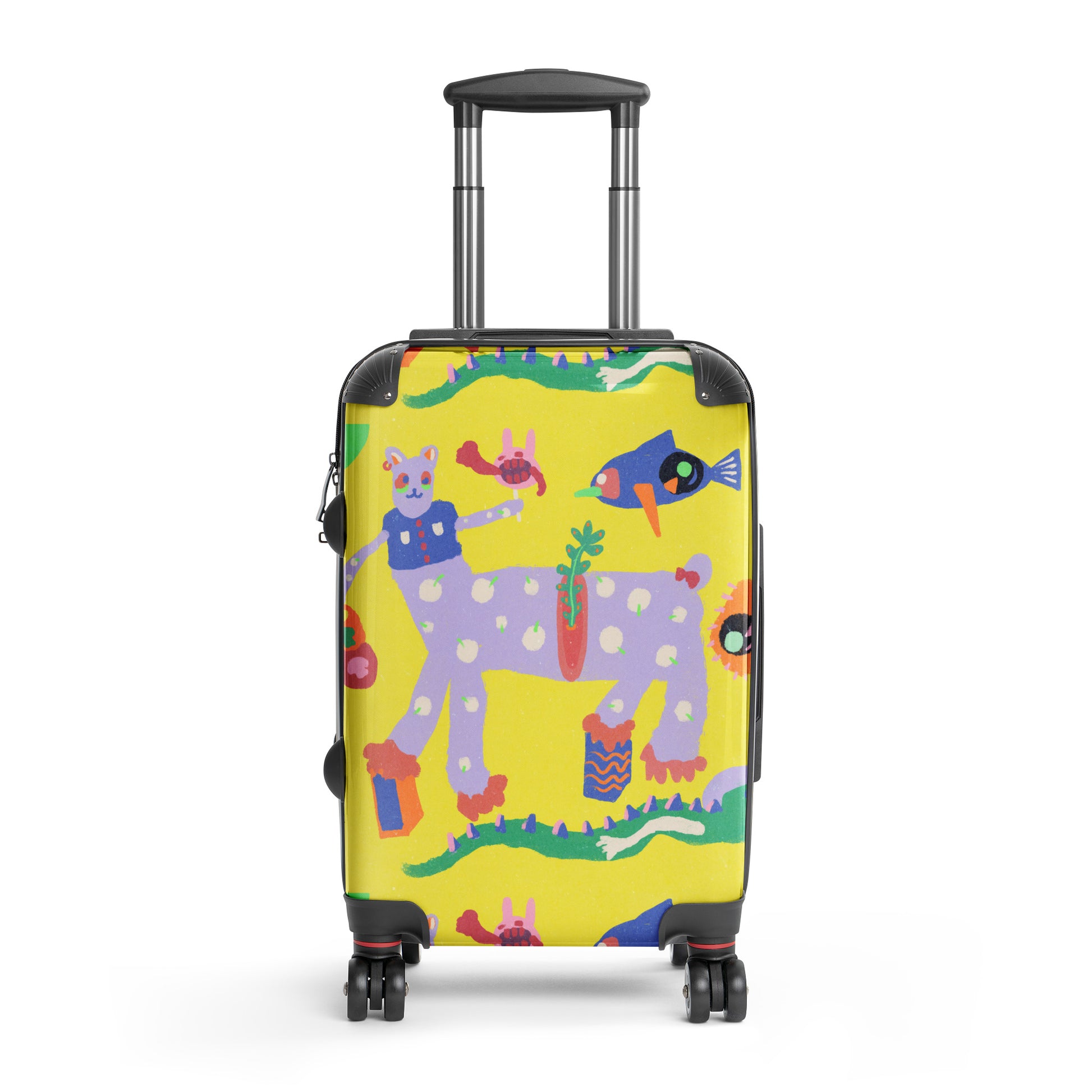 yellow burnout design suitcase with smooth wheels and internal compartments
