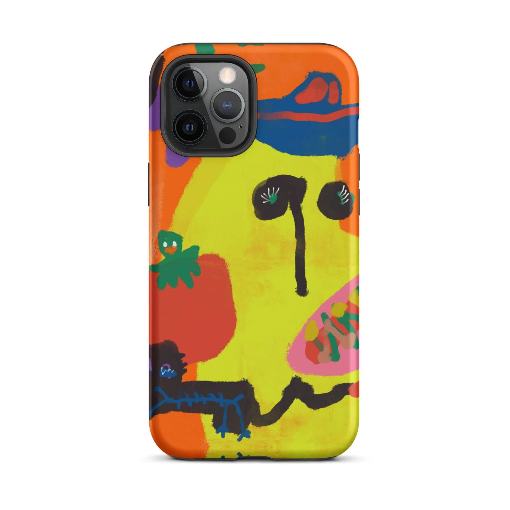 Tough iPhone case with a bold "Spicy Banana" print, featuring vibrant orange and yellow colors in a unique artistic style.