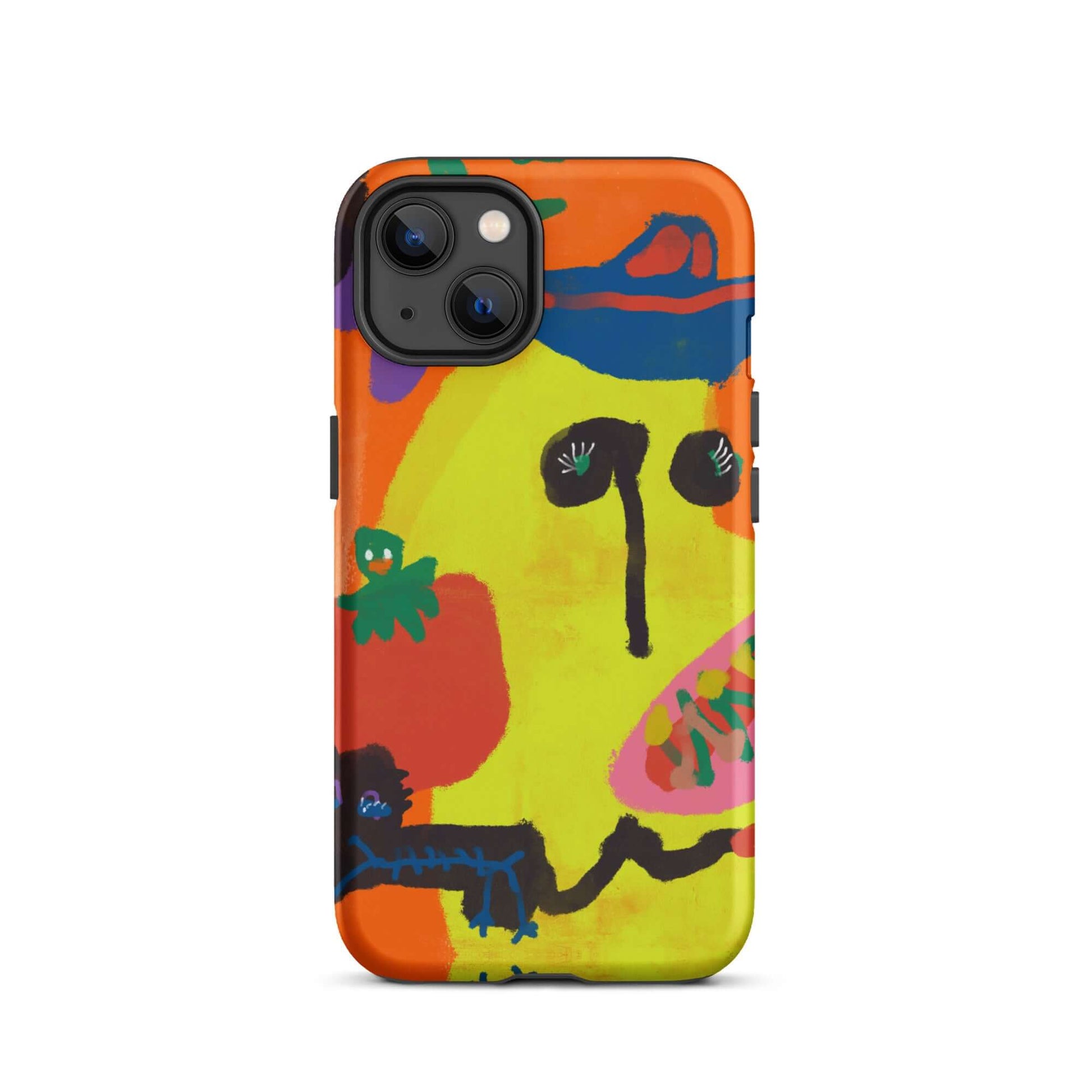 Tough iPhone case with a bold "Spicy Banana" print, featuring vibrant orange and yellow colors in a unique artistic style.

