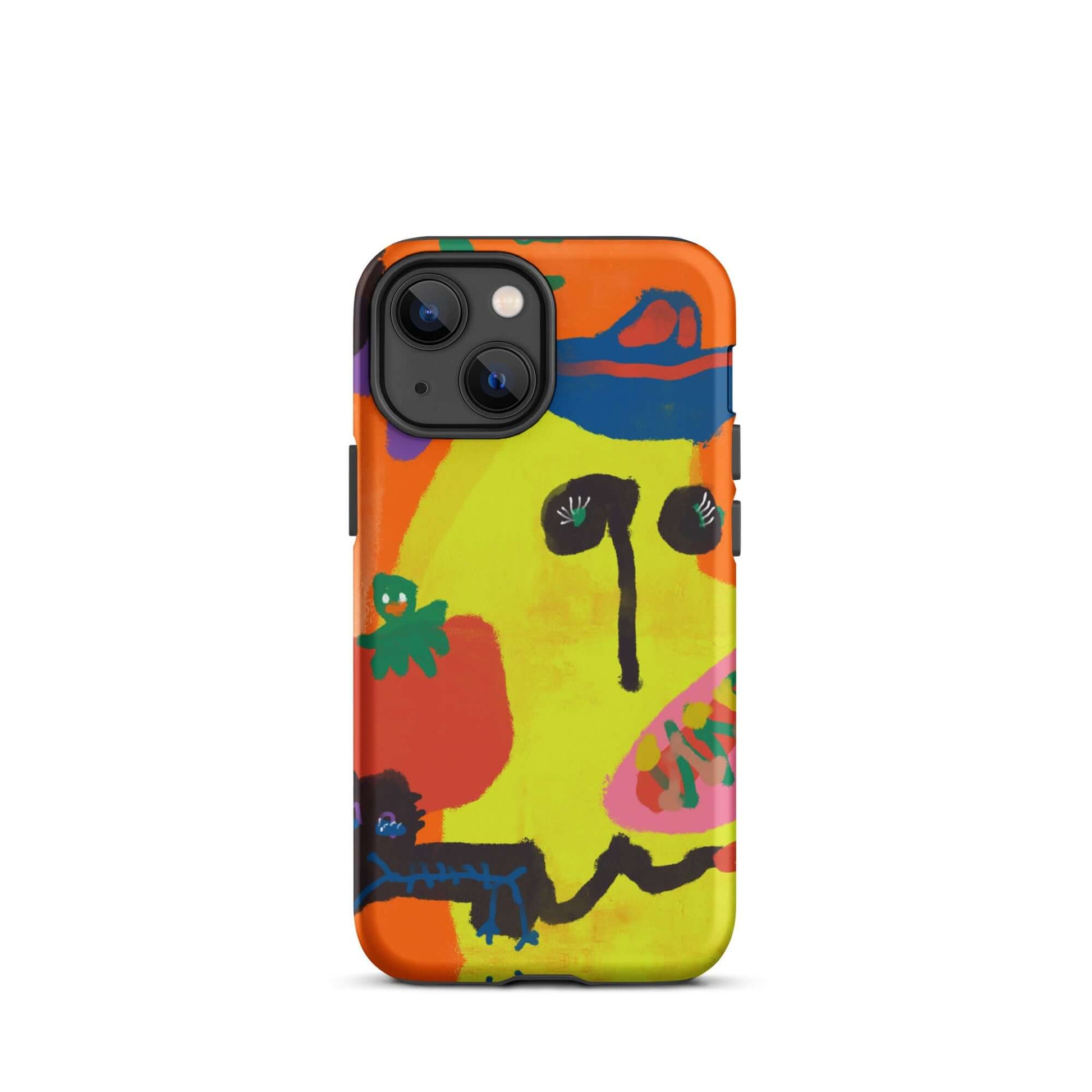 Tough iPhone case with a bold "Spicy Banana" print, featuring vibrant orange and yellow colors in a unique artistic style.

