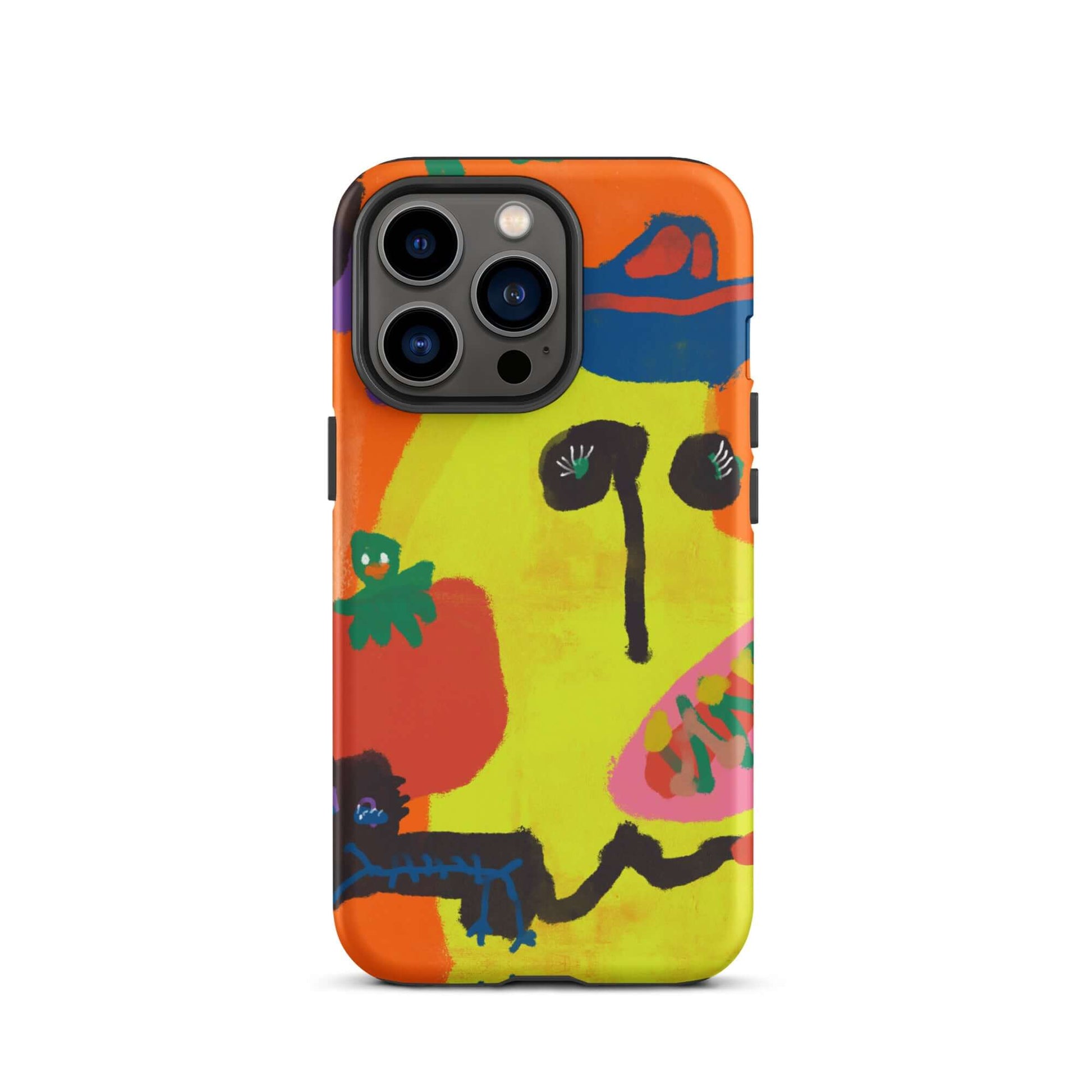 Tough iPhone case with a bold "Spicy Banana" print, featuring vibrant orange and yellow colors in a unique artistic style.

