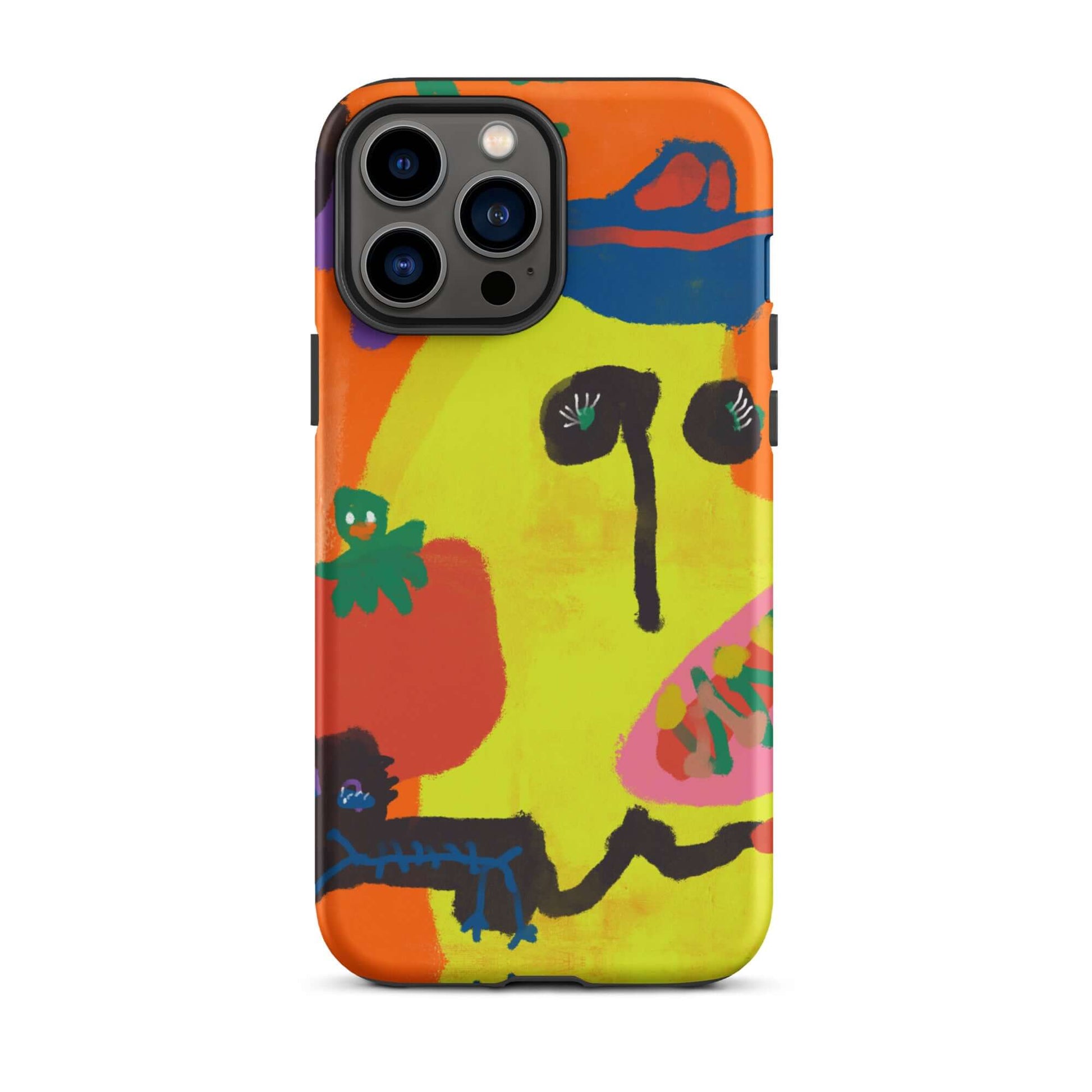 Tough iPhone case with a bold "Spicy Banana" print, featuring vibrant orange and yellow colors in a unique artistic style.

