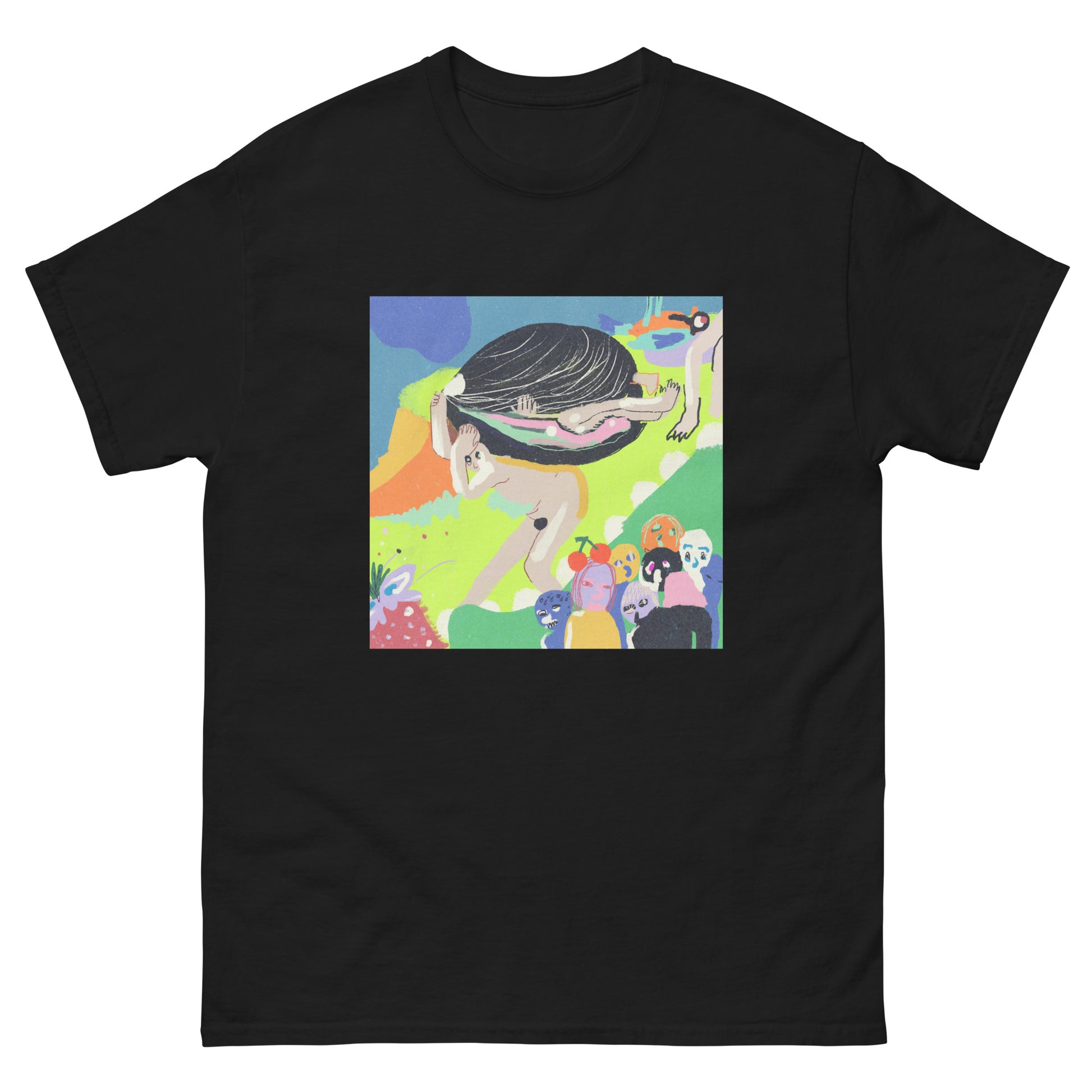 Soft 100% cotton t-shirt with a unique, warped take on Hieronymus Bosch's "Garden of Earthly Delights," in vibrant, bold colors.