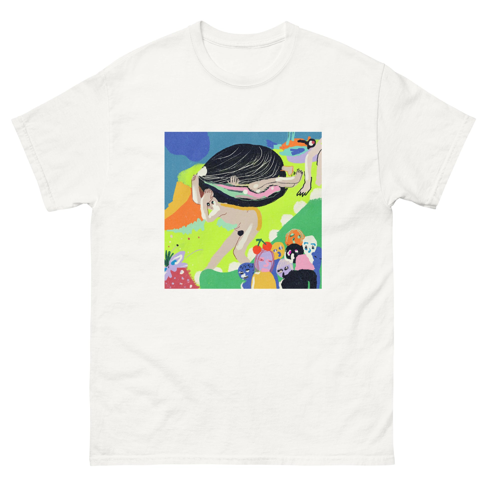 Unisex 100% cotton tee with a bizarre and chaotic "Garden of Earthly Delights" artwork remake, perfect for standing out.