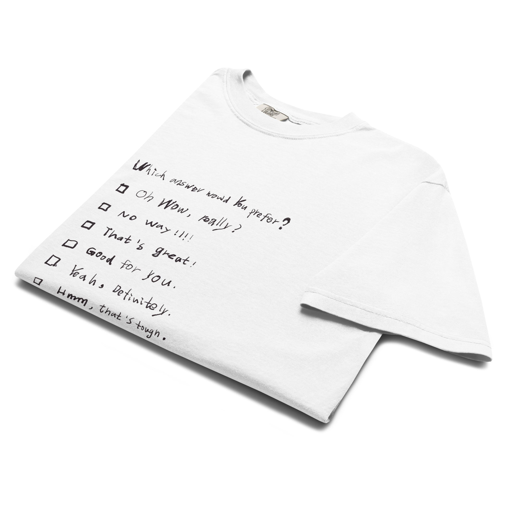 Unisex heavyweight t-shirt featuring a hand-drawn small talk response checklist design; soft, structured, and made of 100% cotton.