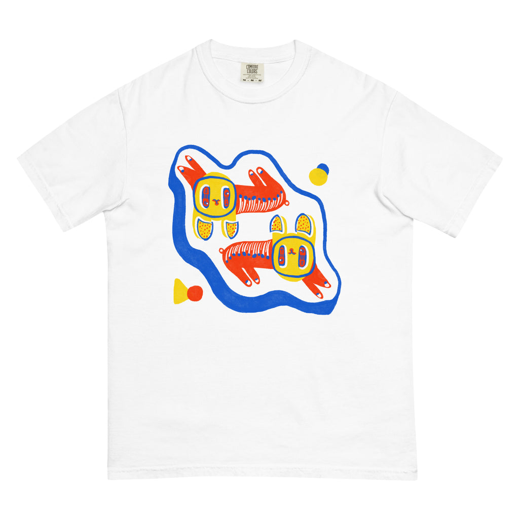Unisex T-shirt with a bright, cheerful twin cats illustration on the front.