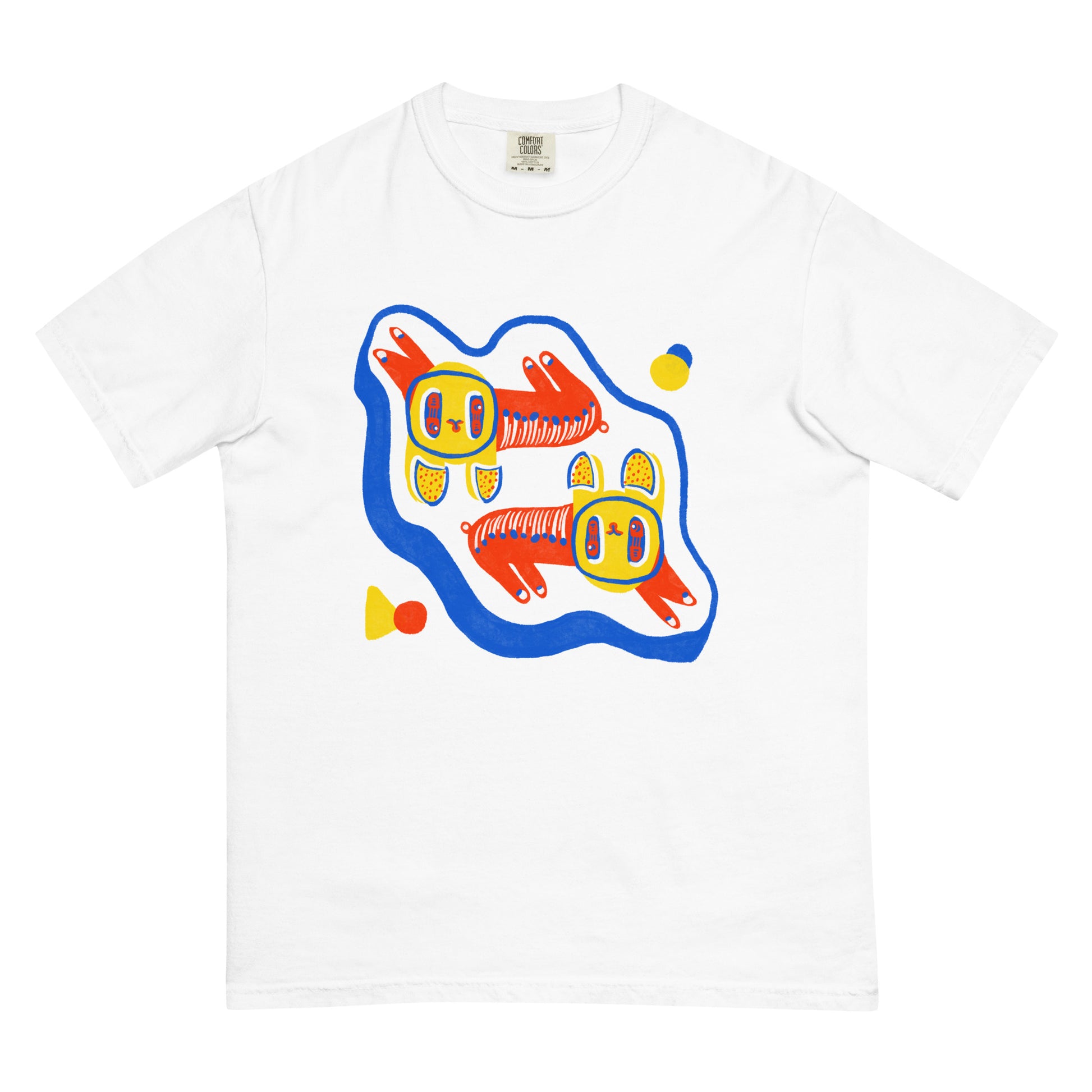 Unisex T-shirt with a bright, cheerful twin cats illustration on the front.