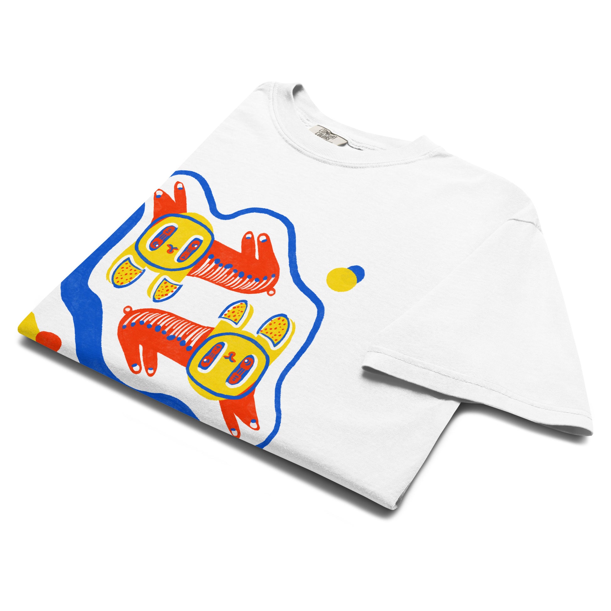 Unisex T-shirt with a bright, cheerful twin cats illustration on the front.