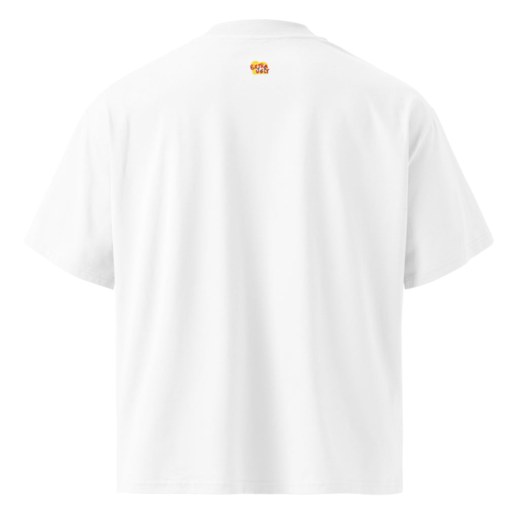 Emo sketch-style illustration of a moody character looking back, printed on an oversized high-neck organic cotton t-shirt