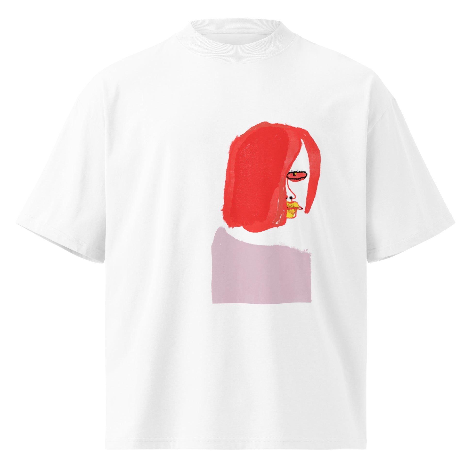 Emo sketch-style illustration of a moody character looking back, printed on an oversized high-neck organic cotton t-shirt