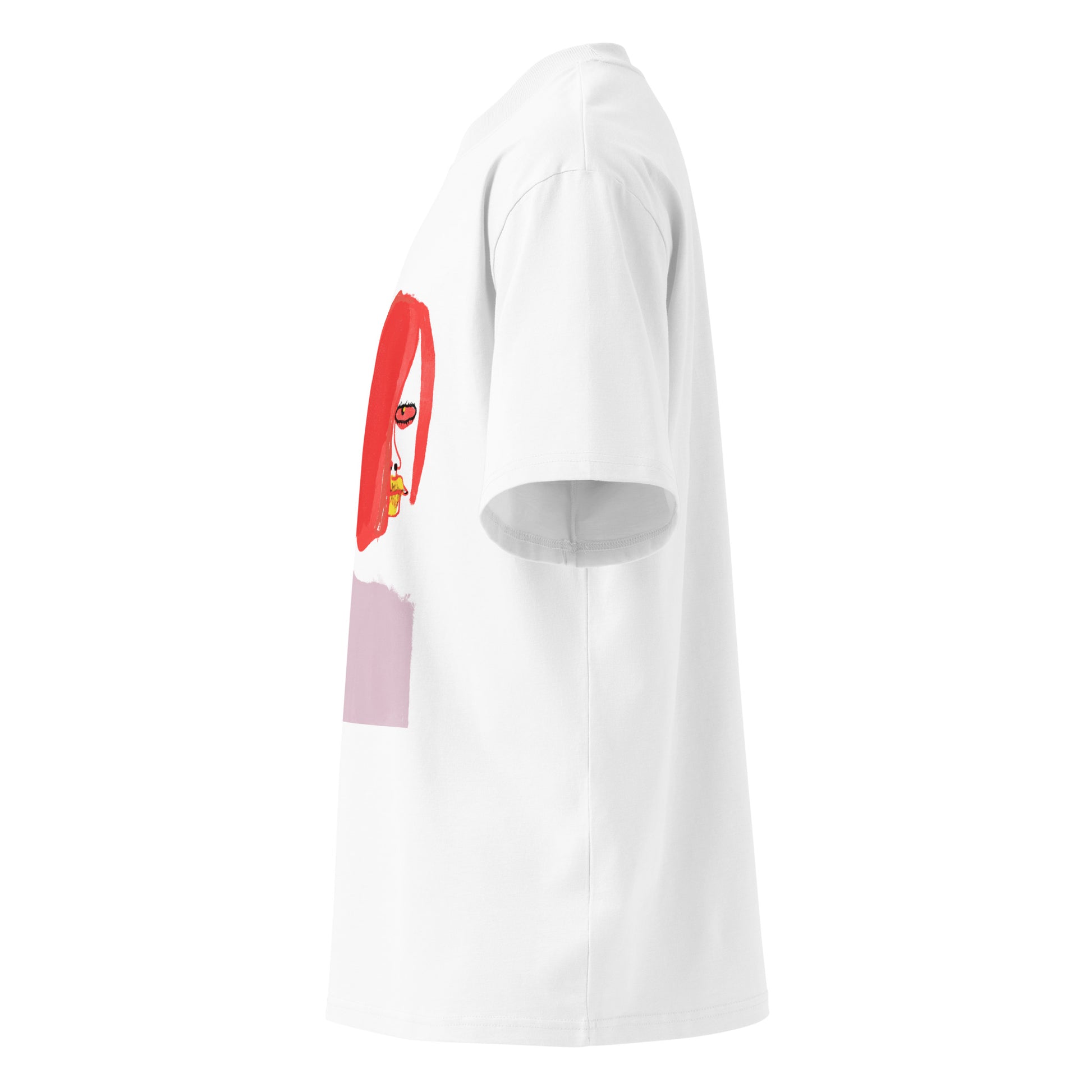 Emo sketch-style illustration of a moody character looking back, printed on an oversized high-neck organic cotton t-shirt