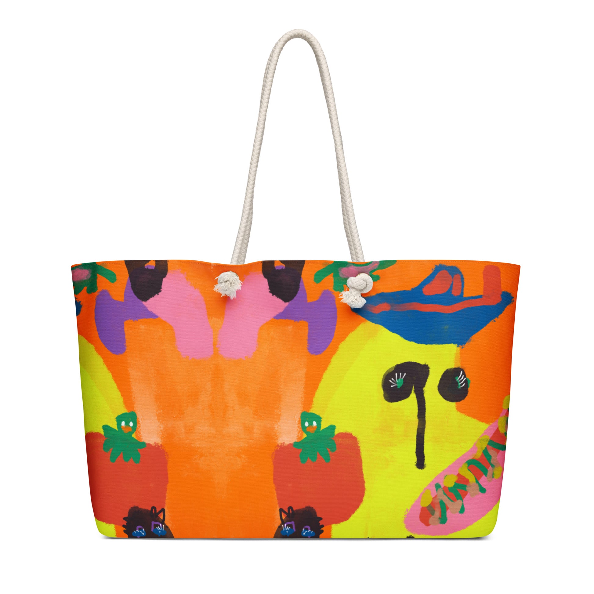 Funky oversized tote with wild, colorful banana and hotdog illustration