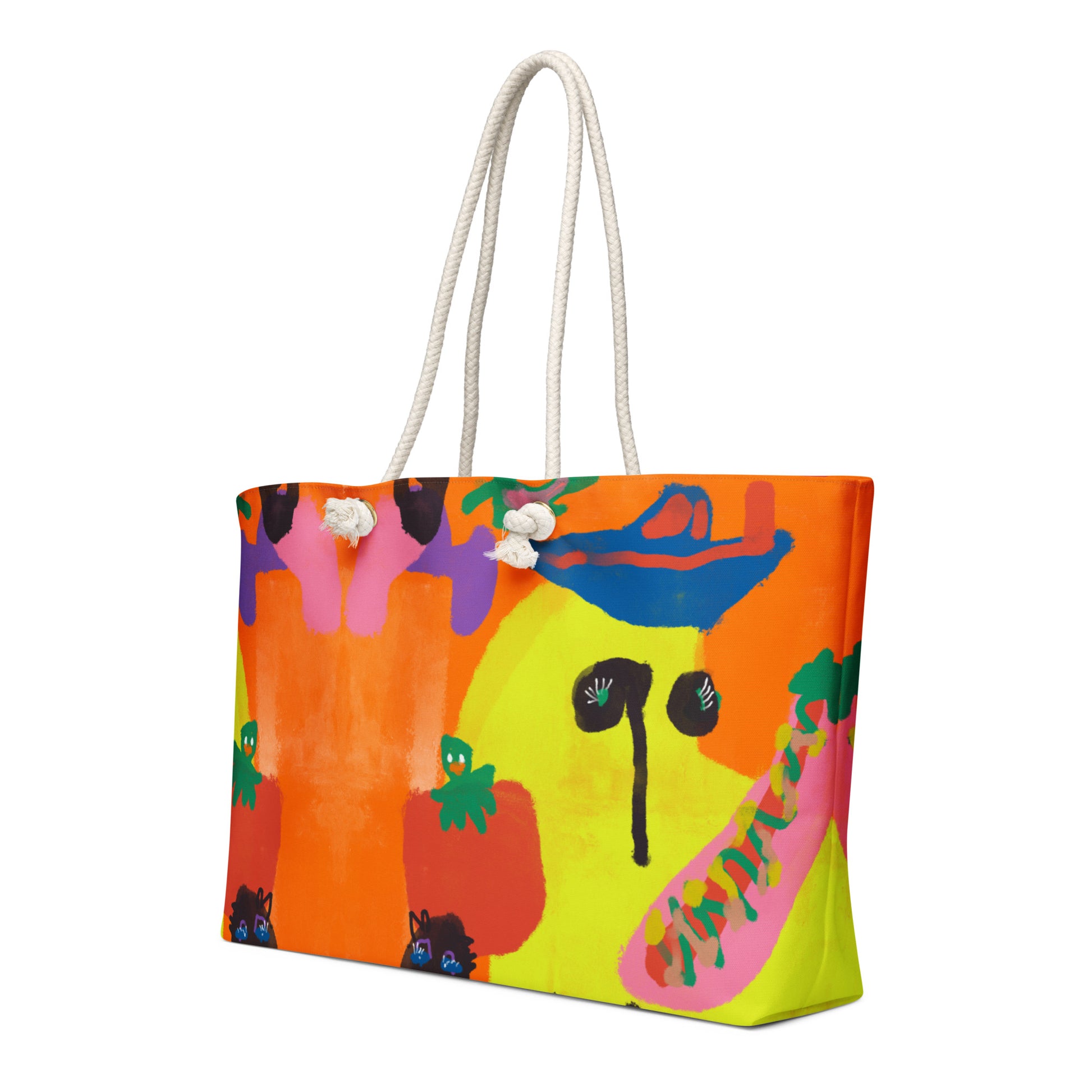 Funky oversized tote with wild, colorful banana and hotdog illustration