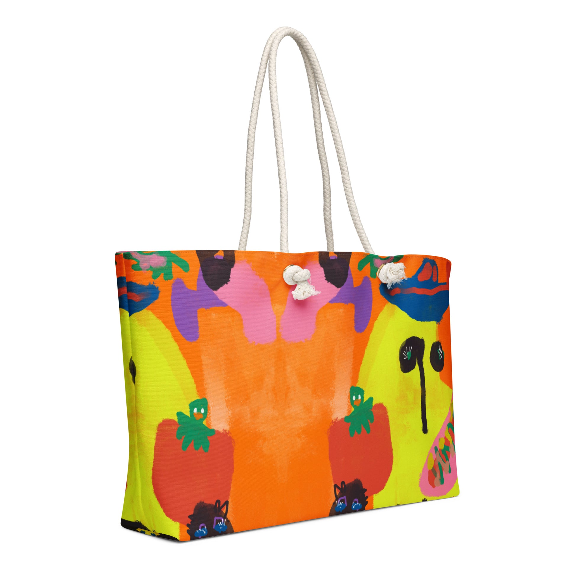 Funky oversized tote with wild, colorful banana and hotdog illustration