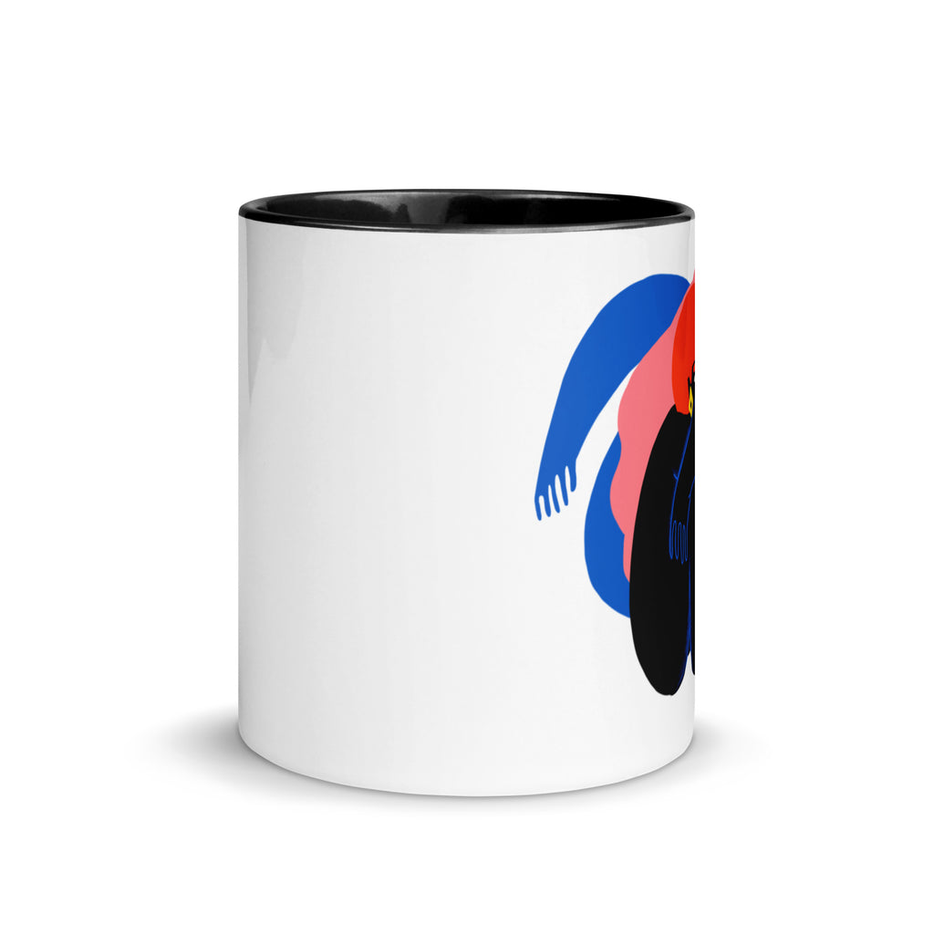 Ceramic coffee mug with "Flying Somewhere" artwork, featuring a simple, empowering design and colorful rim, handle, and interior.
